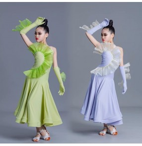 Girls kids light purple green fairy ballroom dance dresses modern tango ballroom pageant party stage performance ball gown for children